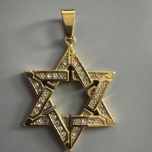 Stainless Steel Jewish Israel Star of David Necklace Bar Mitzvah Gold Zirconia